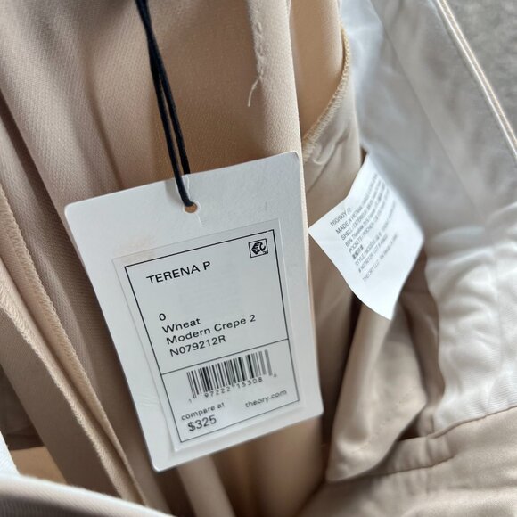 Theory Dress Pants Women 0 Wheat Beige Wide Leg High Rise Modern Crepe 2 Pleated - Picture 5 of 11